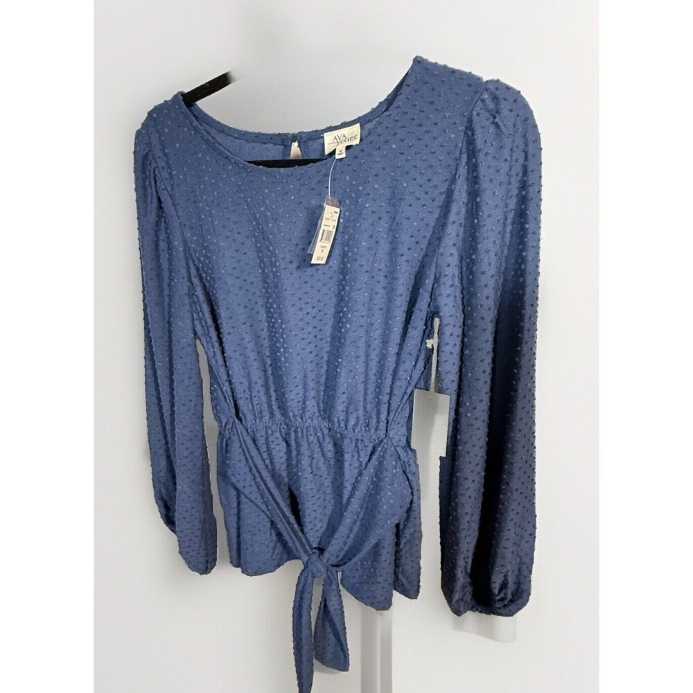 Ava James Clay Blue Clip Dots Size Medium Belted Top - Picture 1 of 7
